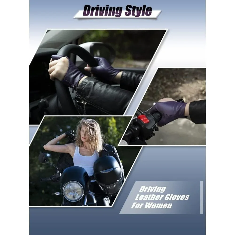 Women's Purple Fingerless Leather Driving Half Finger Gloves Halloween Design